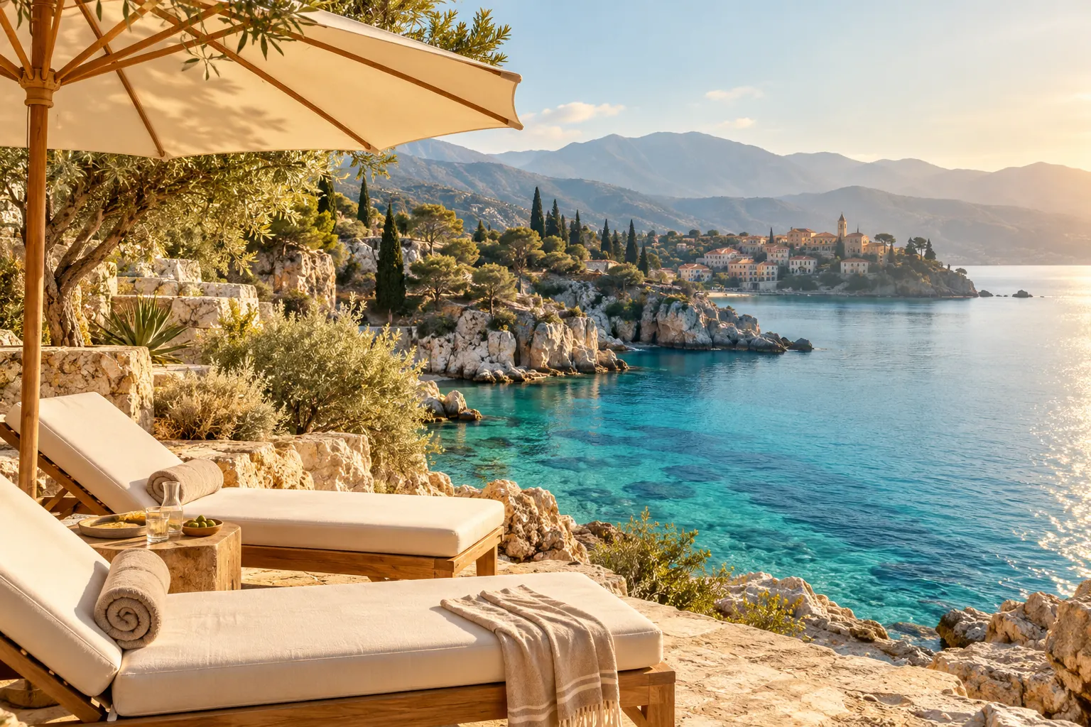 Illustrative sunlit coast and relaxing holiday scenery
